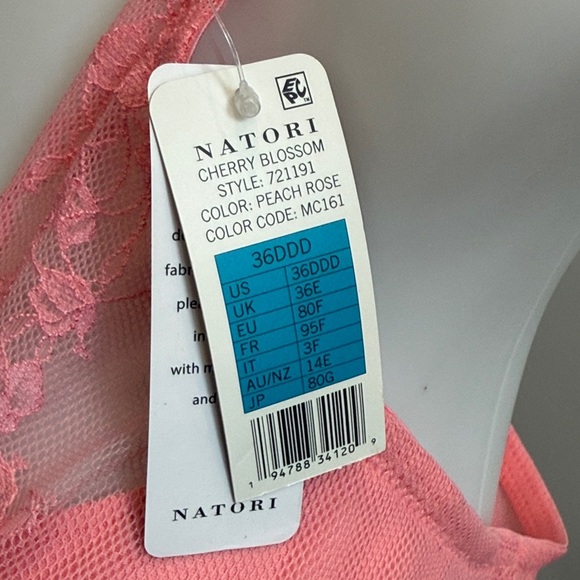 Natori 36DDD Cherry Blossom Peach Rose Pink Lace Plunge Bra - Picture 3 of 9